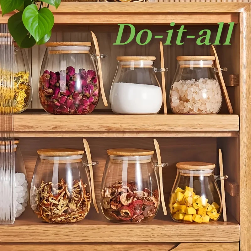 2-Piece Sealed Glass Storage Jar With Spoon - For Coffee Sugar Tea Spices - Ideal Home Kitchen Organizer | 24-hour Shipping