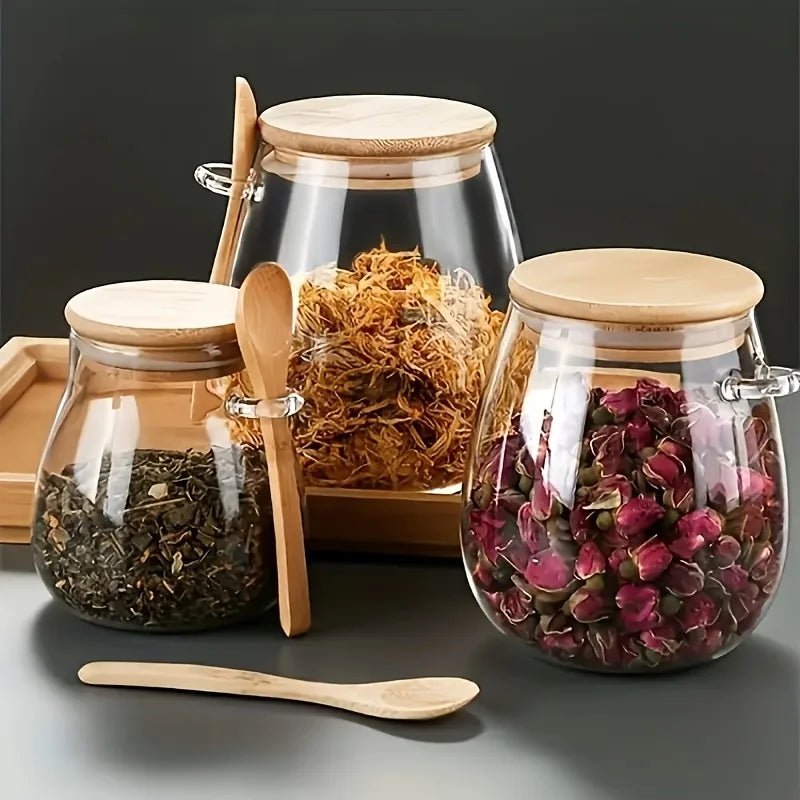 2-Piece Sealed Glass Storage Jar With Spoon - For Coffee Sugar Tea Spices - Ideal Home Kitchen Organizer | 24-hour Shipping