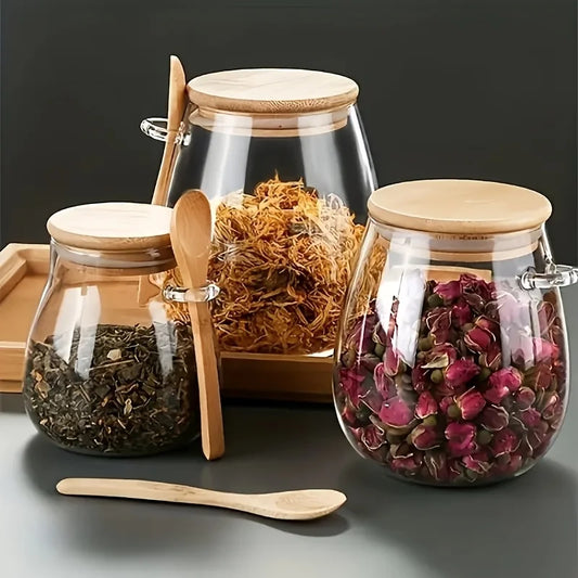 2-Piece Sealed Glass Storage Jar With Spoon - For Coffee Sugar Tea Spices - Ideal Home Kitchen Organizer | 24-hour Shipping